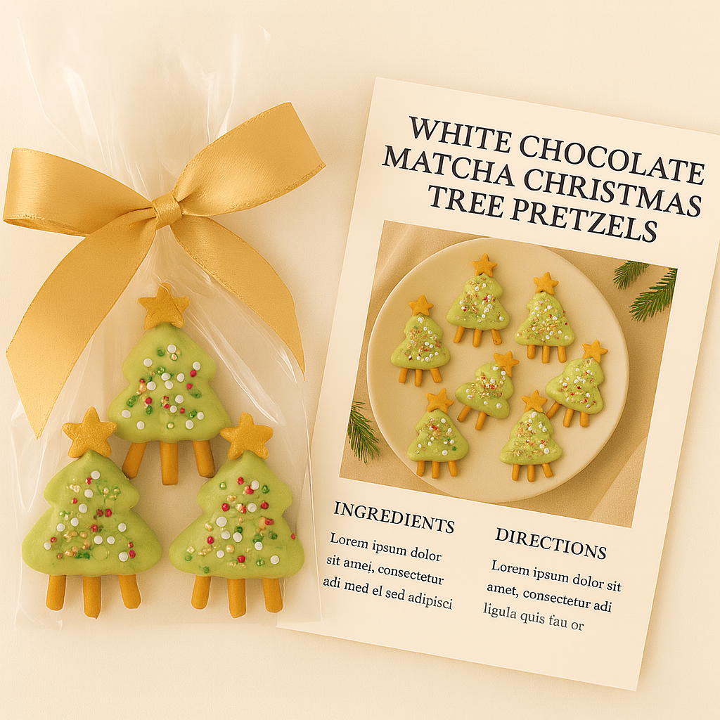 White Chocolate Matcha Christmas Tree Pretzels – Holiday Recipe Card
