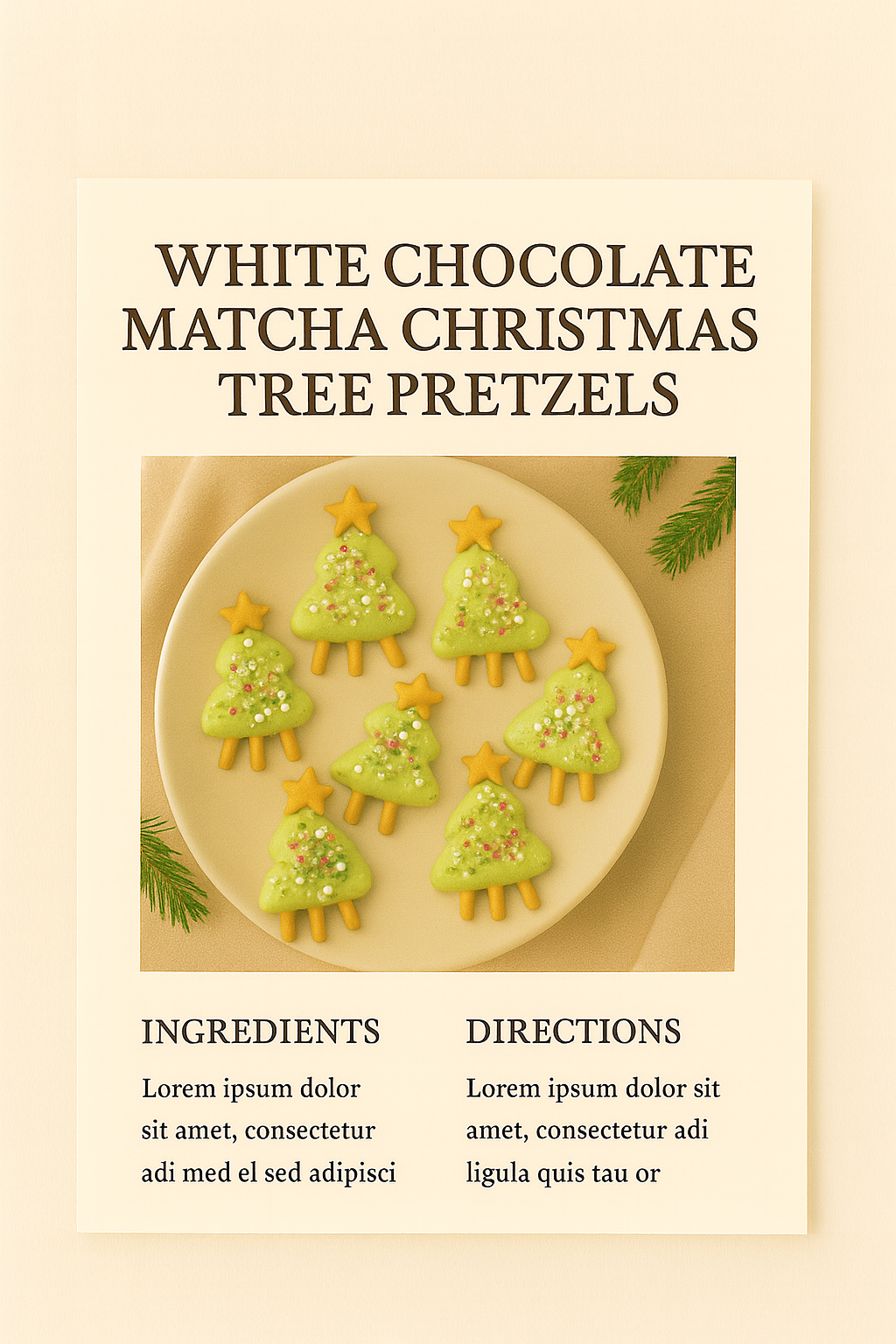 White Chocolate Matcha Christmas Tree Pretzels – Holiday Recipe Card
