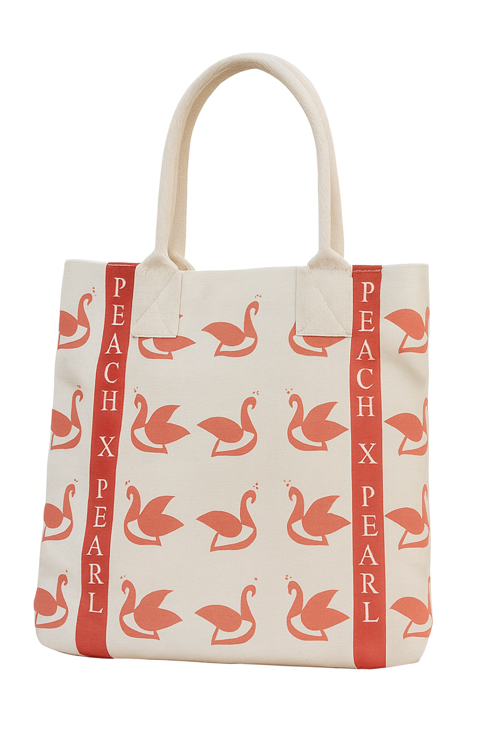 Tote bag with swan pattern and 'Peach x Pearl' text on a white background