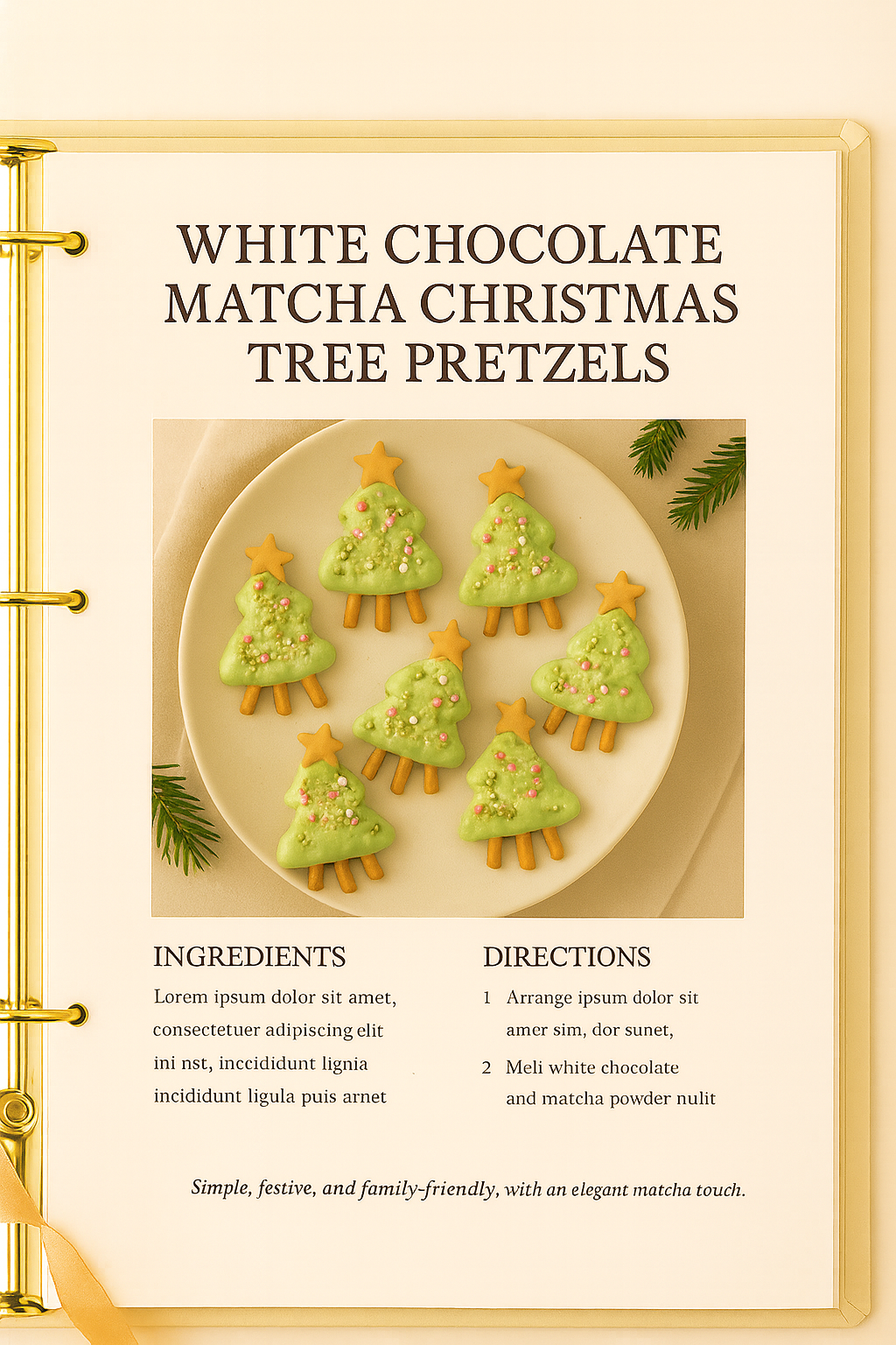 White Chocolate Matcha Christmas Tree Pretzels – Holiday Recipe Card