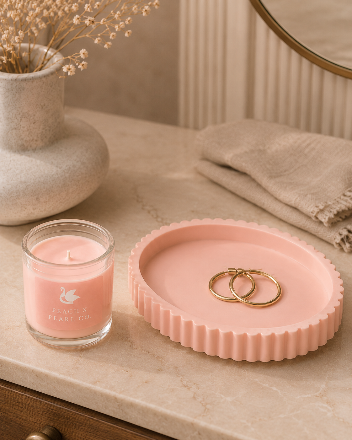 Peach X Pearl Blush Candle & Scalloped Catchall Set
