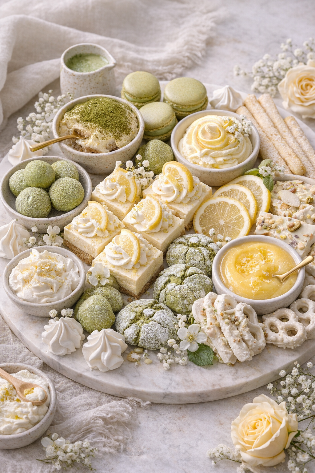 Elegant Matcha & Lemon Dessert Board (A Beautiful Hosting Idea for Gatherings)
