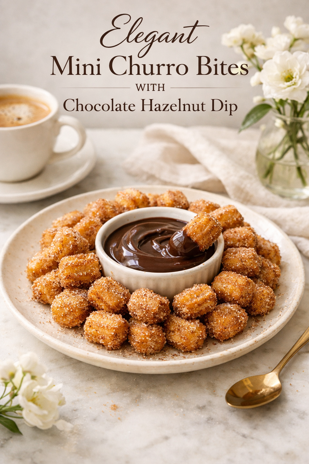 Elegant Mini Churro Bites with Chocolate Hazelnut Dipping Sauce
