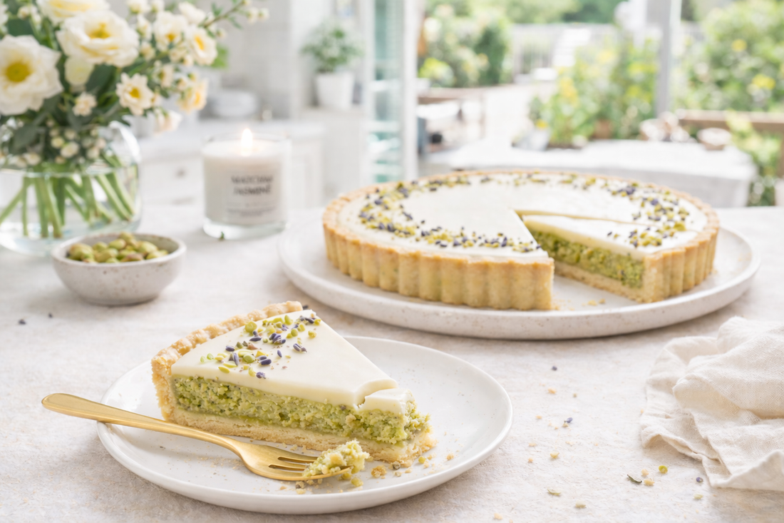 Lavender Honey Pistachio Tart with White Chocolate Ganache | Peach X Pearl