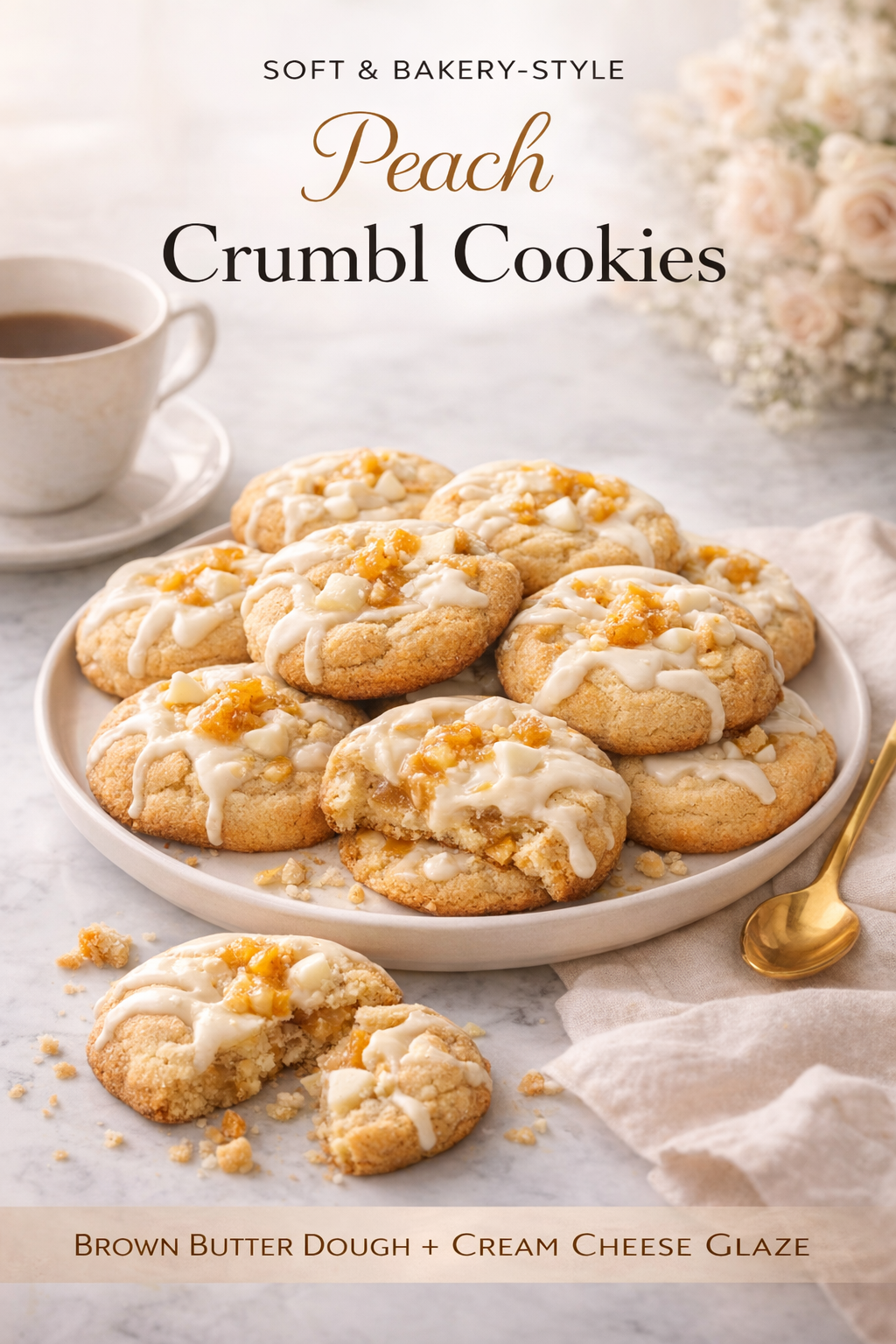 Brown Butter Peach Crumbl Cookies with Cream Cheese Glaze