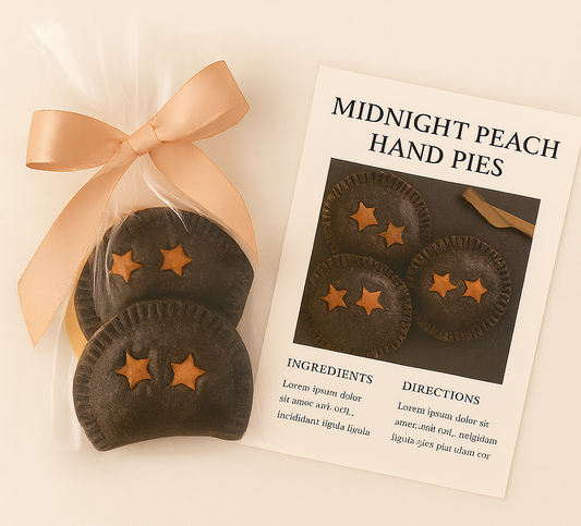Midnight Peach Hand Pies with golden star cutouts beside a lit candle on a cream linen cloth — an elegant Halloween dessert by Peach X Pearl.