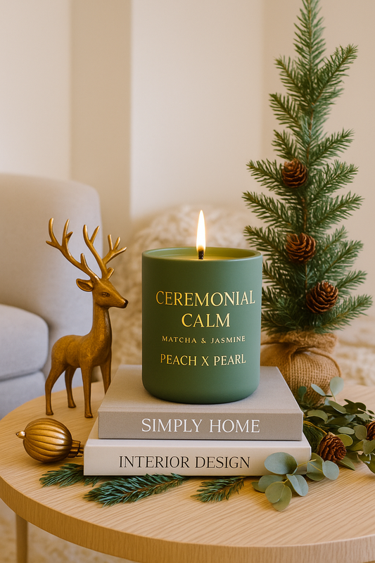 Best quiet-luxury candles styled on a cream and sage tabletop by Peach X Pearl — featuring Matcha & Jasmine and Pomegranate candles with linen textures and gold ribbon accents.