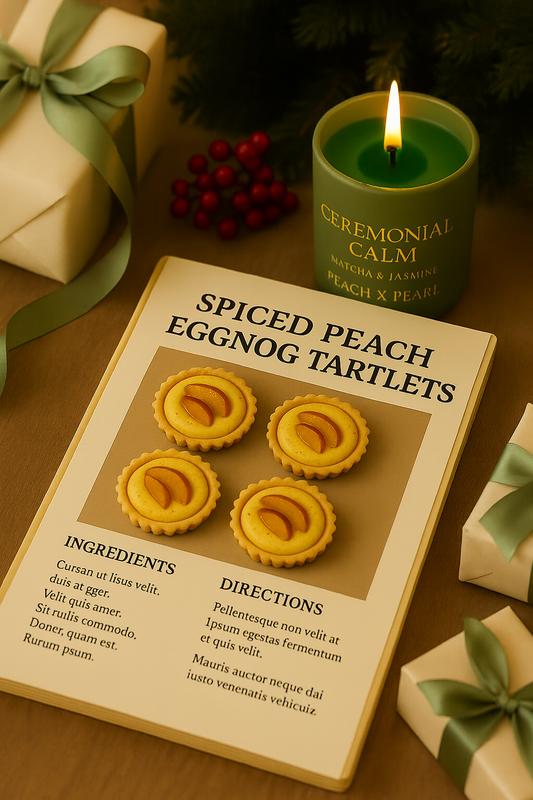 Quiet-luxury holiday table with Peach X Pearl Spiced Peach Eggnog Tartlets recipe card and Ceremonial Calm Matcha & Jasmine candle surrounded by cream-wrapped gifts, sage ribbon, and Christmas greenery.