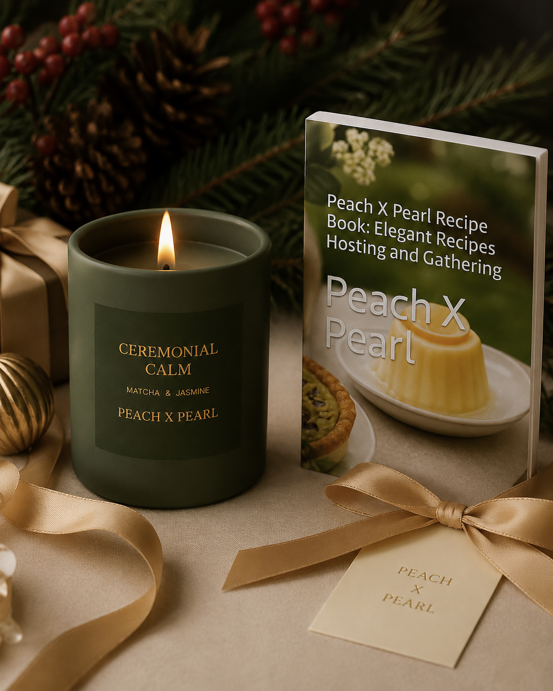 Holiday Gift Set: Ceremonial Calm Candle, 12 oz + Peach X Pearl Recipe Book