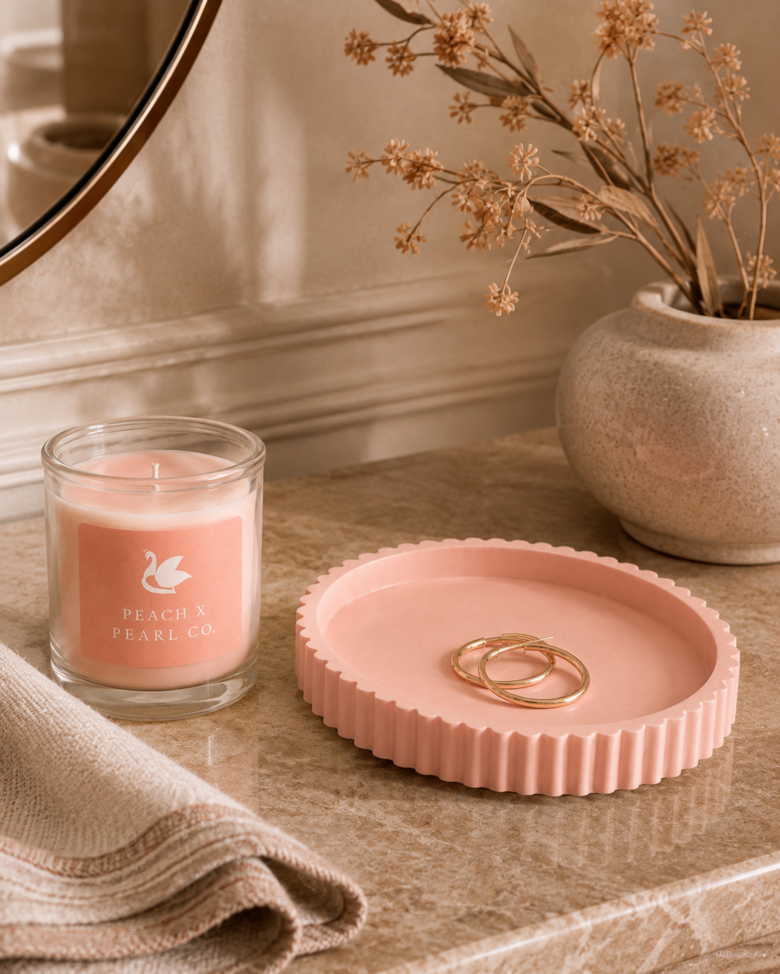 Peach X Pearl Blush Candle & Scalloped Catchall Set
