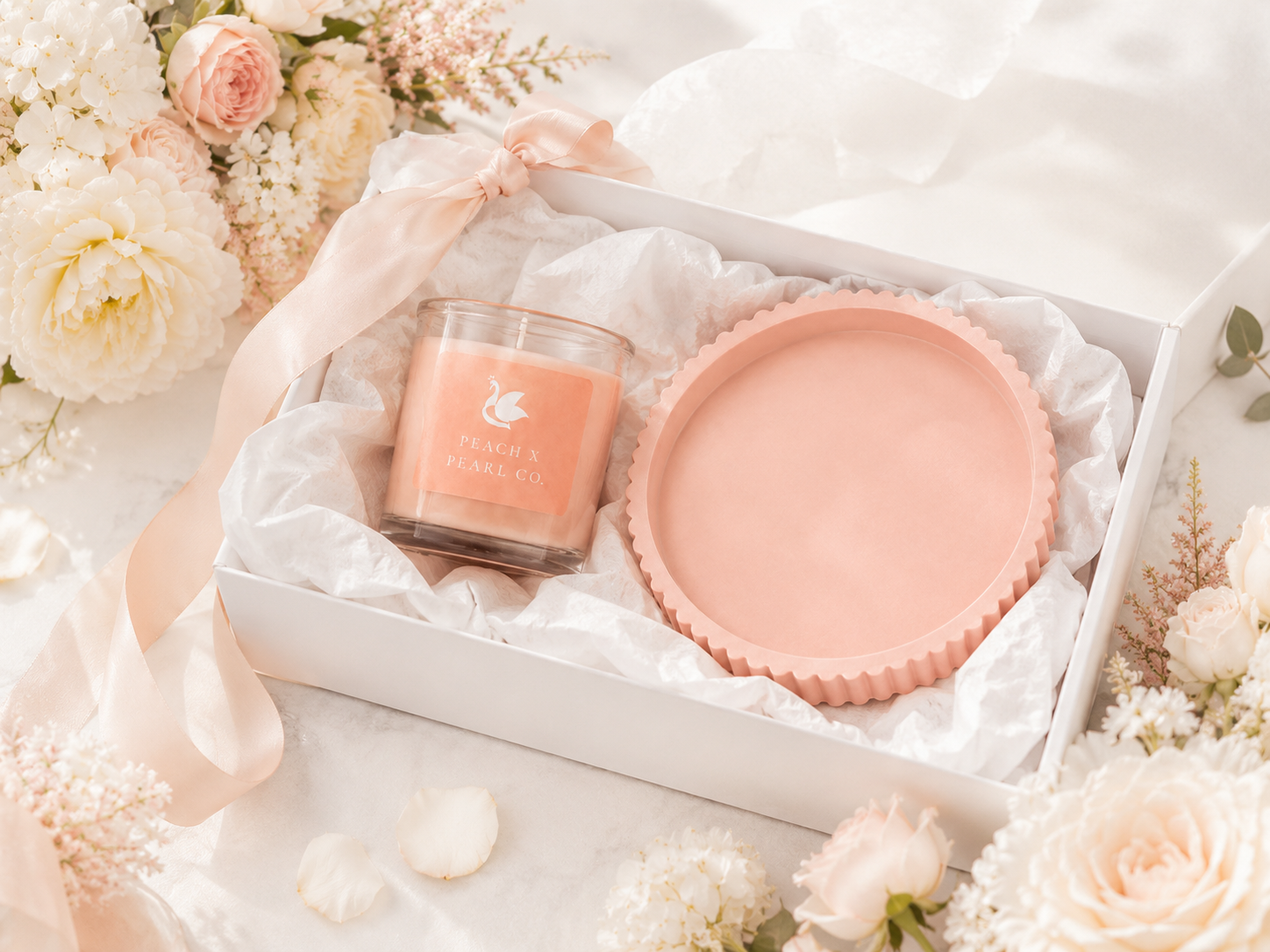 Peach X Pearl Blush Candle & Scalloped Stone Catchall Set