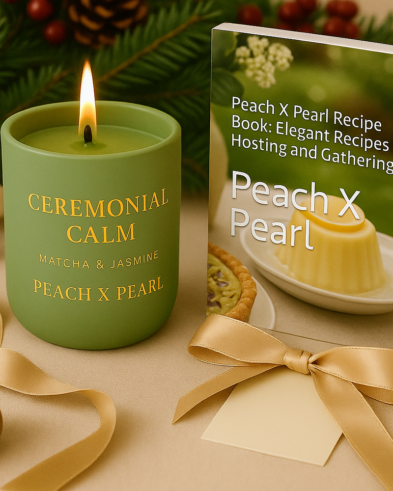 Holiday Gift Set: Ceremonial Calm Candle, 12 oz + Peach X Pearl Recipe Book