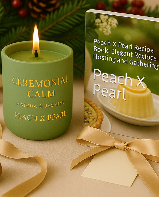 Holiday Gift Set: Ceremonial Calm Candle, 12 oz + Peach X Pearl Recipe Book