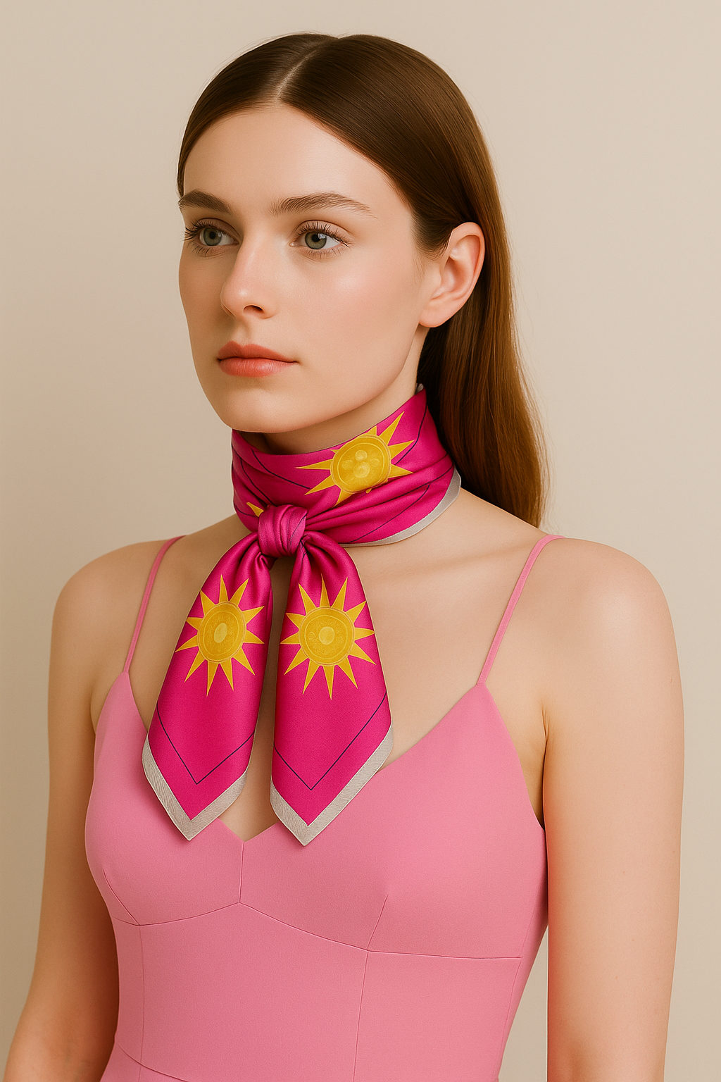 Soft petal pink satin scarf styled around neck, quiet luxury women’s winter accessory, holiday gift idea