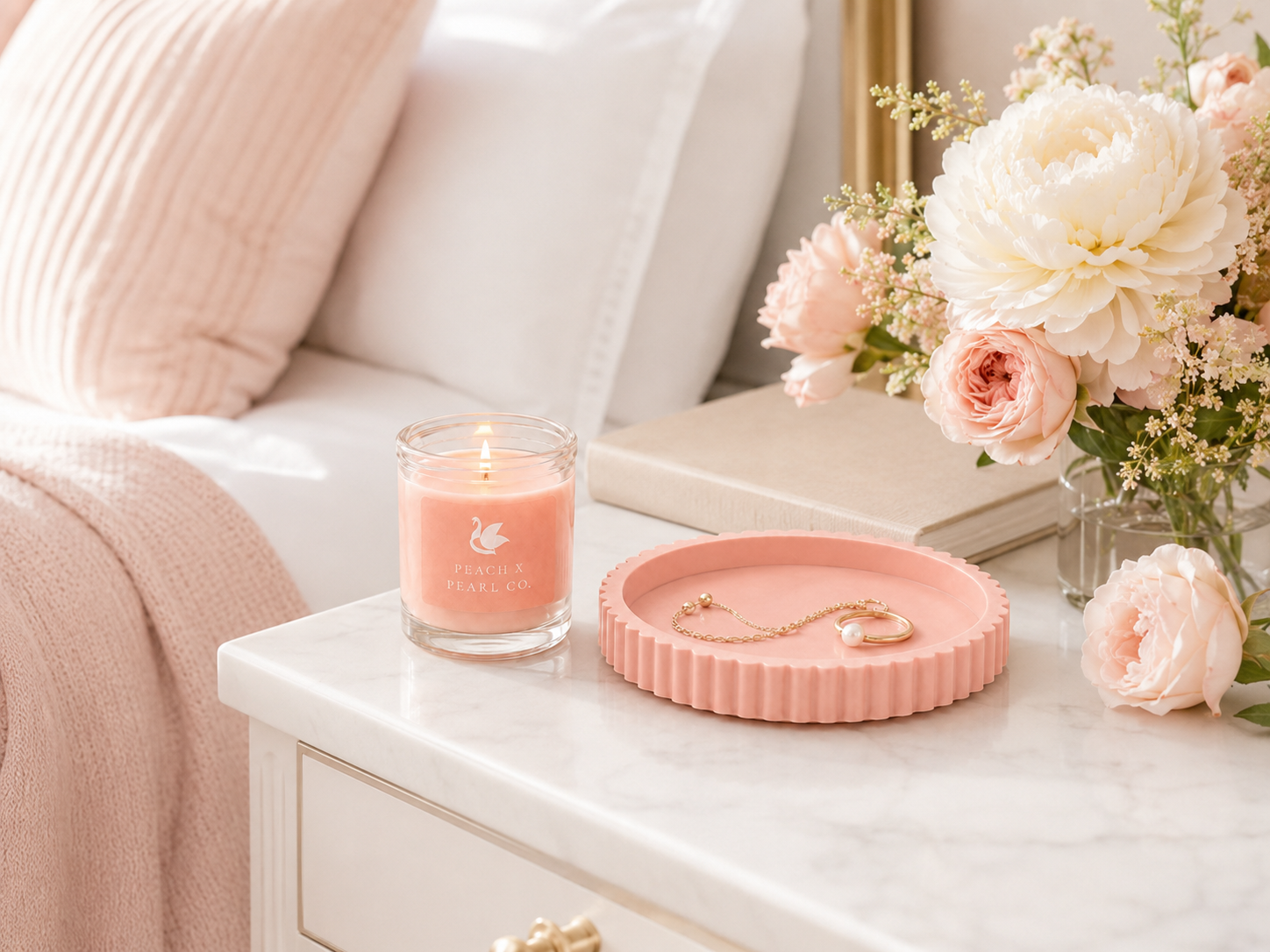 Peach X Pearl Blush Candle & Scalloped Stone Catchall Set