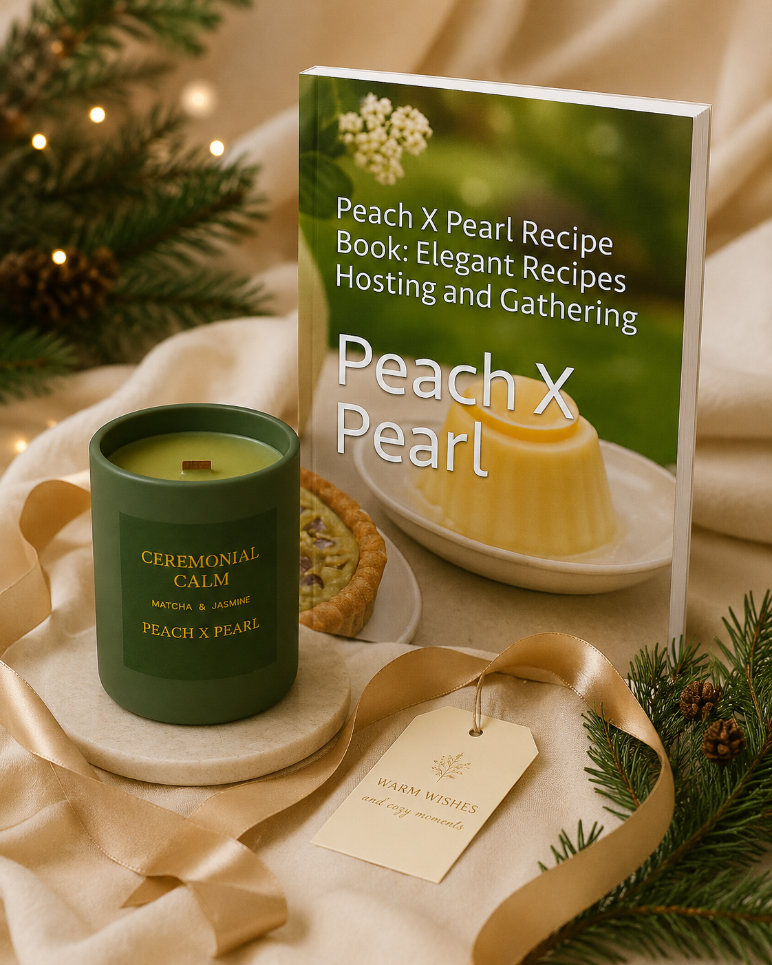 Holiday Gift Set: Ceremonial Calm Candle, 12 oz + Peach X Pearl Recipe Book