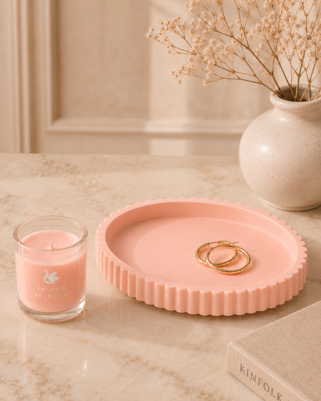 Peach X Pearl Blush Candle & Scalloped Catchall Set