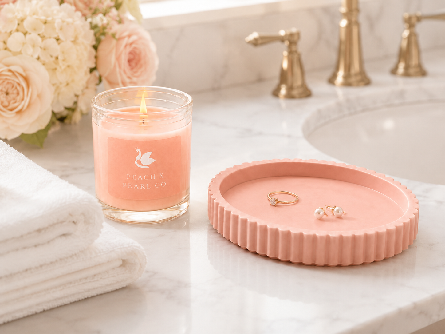 Peach X Pearl Blush Candle & Scalloped Stone Catchall Set